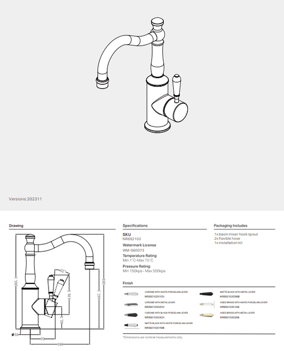 NERO YORK BASIN MIXER HOOK SPOUT WITH BLACK PORCELAIN LEVER CHROME - Ideal Bathroom CentreNR69210203CH