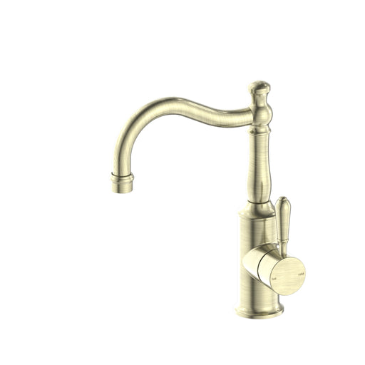 NERO YORK BASIN MIXER HOOK SPOUT WITH METAL LEVER AGED BRASS - Ideal Bathroom CentreNR69210202AB