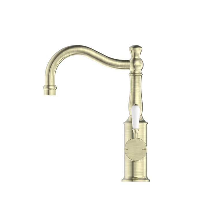 NERO YORK BASIN MIXER HOOK SPOUT WITH WHITE PORCELAIN LEVER AGED BRASS - Ideal Bathroom CentreNR69210201AB