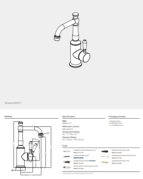 NERO YORK BASIN MIXER WITH BLACK PORCELAIN LEVER CHROME - Ideal Bathroom CentreNR69210103CH