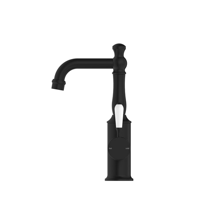 NERO YORK BASIN MIXER WITH WHITE PORCELAIN LEVER MATTE BLACK - Ideal Bathroom CentreNR69210101MB