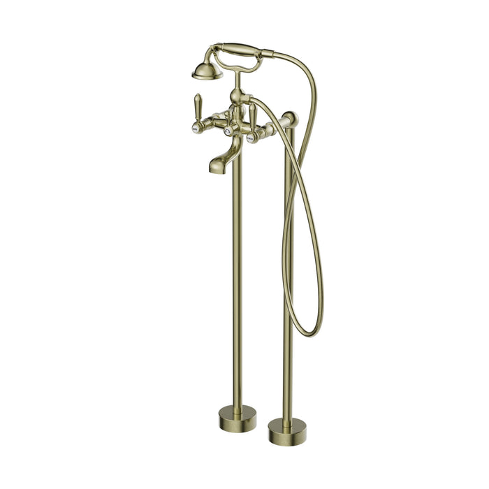 NERO YORK FREESTANDING BATH MIXER WITH METAL HAND SHOWER AGED BRASS - Ideal Bathroom CentreNR692103a02AB