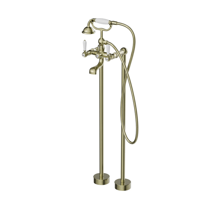 NERO YORK FREESTANDING BATH MIXER WITH WHITE PORCELAIN HAND SHOWER AGED BRASS - Ideal Bathroom CentreNR692103a01AB
