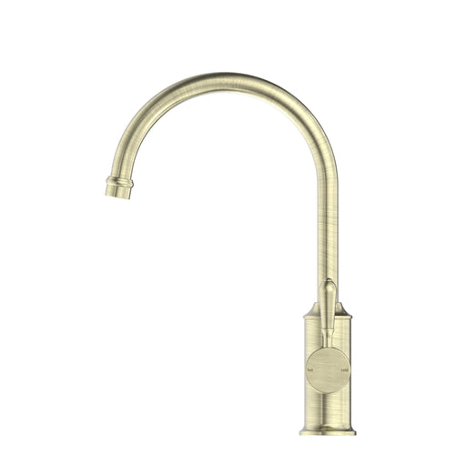 NERO YORK KITCHEN MIXER GOOSNECK SPOUT WITH METAL LEVER AGED BRASS - Ideal Bathroom CentreNR69210602AB