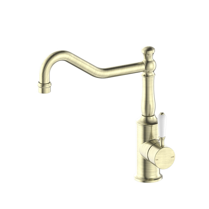 NERO YORK KITCHEN MIXER HOOK SPOUT WITH WHITE PORCELAIN LEVER AGED BRASS - Ideal Bathroom CentreNR69210701AB