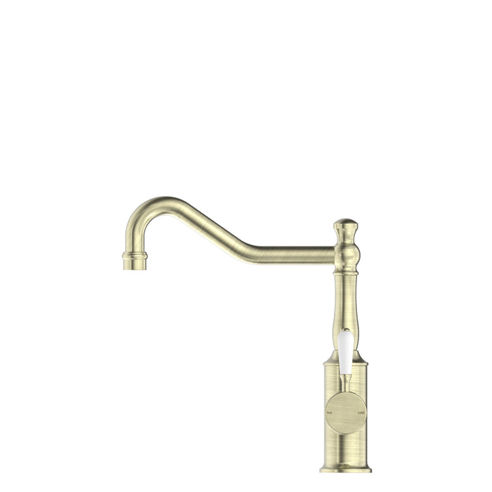 NERO YORK KITCHEN MIXER HOOK SPOUT WITH WHITE PORCELAIN LEVER AGED BRASS - Ideal Bathroom CentreNR69210701AB