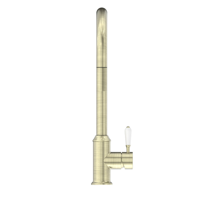 NERO YORK PULL OUT SINK MIXER WITH VEGIE SPRAY FUNCTION WITH WHITE PORCELAIN LEVER AGED BRASS - Ideal Bathroom CentreNR69210801AB