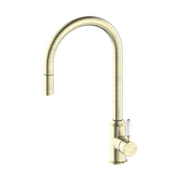NERO YORK PULL OUT SINK MIXER WITH VEGIE SPRAY FUNCTION WITH WHITE PORCELAIN LEVER AGED BRASS - Ideal Bathroom CentreNR69210801AB