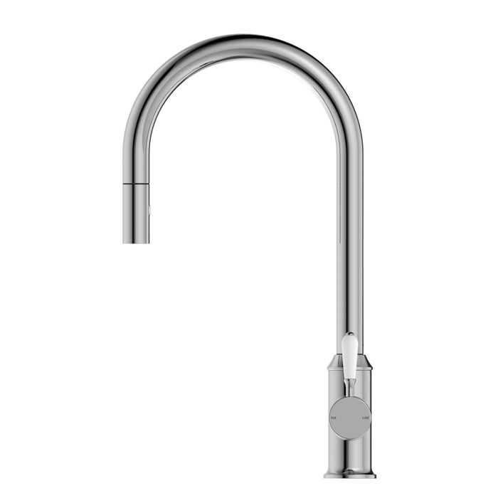 NERO YORK PULL OUT SINK MIXER WITH VEGIE SPRAY FUNCTION WITH WHITE PORCELAIN LEVER CHROME - Ideal Bathroom CentreNR69210801CH