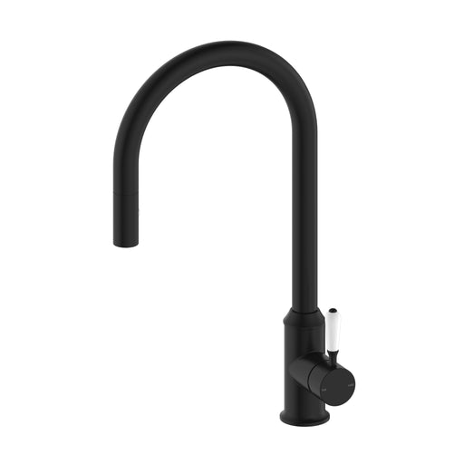 NERO YORK PULL OUT SINK MIXER WITH VEGIE SPRAY FUNCTION WITH WHITE PORCELAIN LEVER MATTE BLACK - Ideal Bathroom CentreNR69210801MB