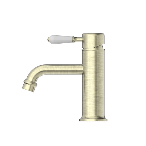 NERO YORK STRAIGHT BASIN MIXER WITH WHITE PORCELAIN LEVER AGED BRASS - Ideal Bathroom CentreNR692101b01AB
