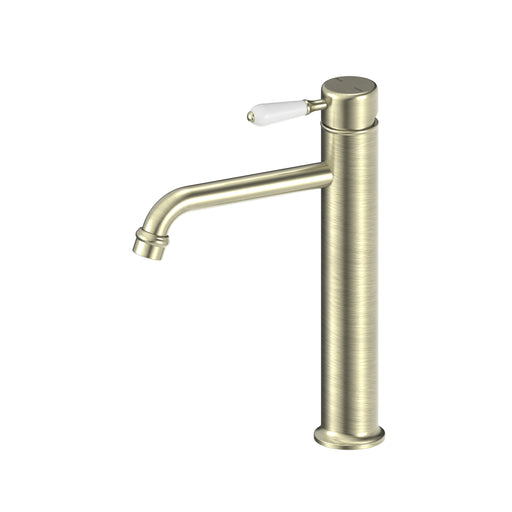 NERO YORK STRAIGHT TALL BASIN MIXER WITH WHITE PORCELAIN LEVER AGED BRASS - Ideal Bathroom CentreNR692101a01AB
