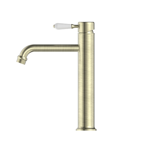 NERO YORK STRAIGHT TALL BASIN MIXER WITH WHITE PORCELAIN LEVER AGED BRASS - Ideal Bathroom CentreNR692101a01AB