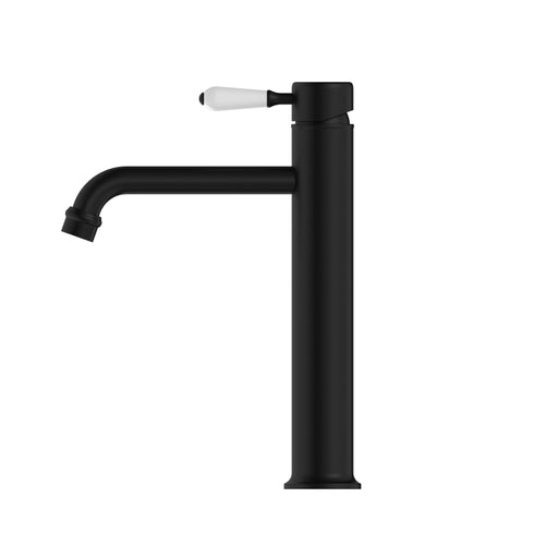 NERO YORK STRAIGHT TALL BASIN MIXER WITH WHITE PORCELAIN LEVER MATTE BLACK - Ideal Bathroom CentreNR692101a01MB