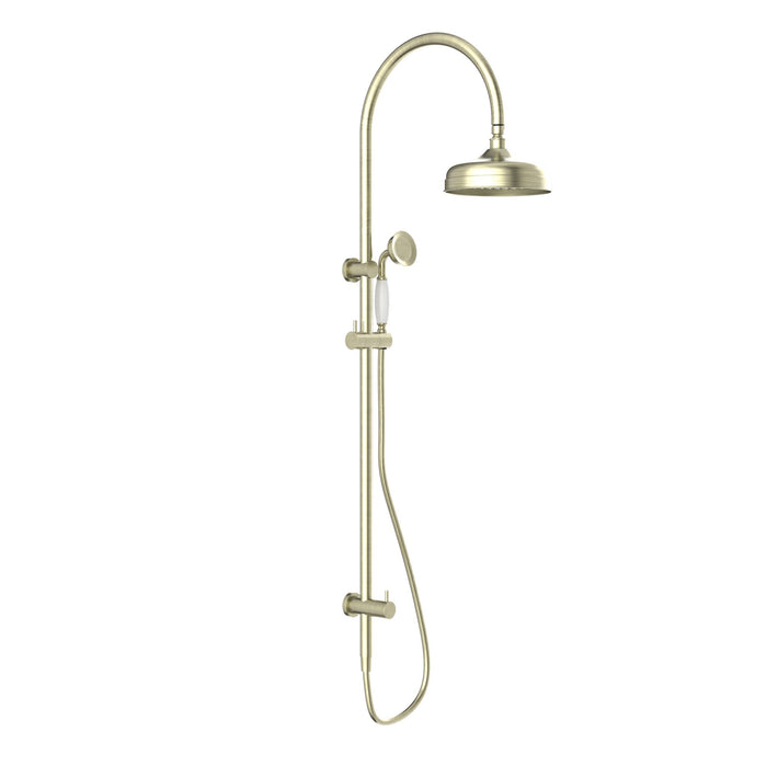 NERO YORK TWIN SHOWER WITH WHITE PORCELAIN HAND SHOWER AGED BRASS - Ideal Bathroom CentreNR69210501AB