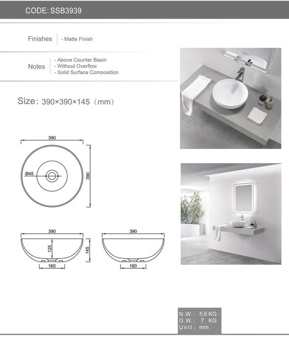 Otti London Solid Surface Basin - Ideal Bathroom CentreSSB3939