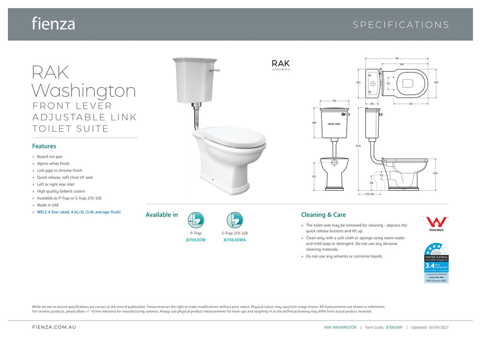 RAK Washington Front Lever Adjustable Link Toilet Suite - Ideal Bathroom Centre870630WP Trap