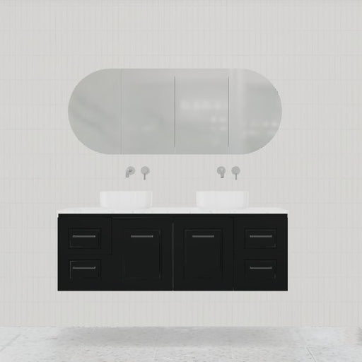 Timberline Nevada Classic 1500mm Wall Hung Vanity, Satin Black, Classic Routed Panel,Pure White 20mm Stone Top - Ideal Bathroom CentreNVC-V-1500-D-SSA-W(7158)