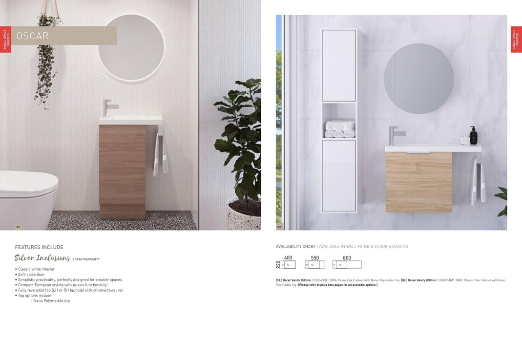 Timberline Oscar Small Space Vanity - Ideal Bathroom CentreOS5540NW550 Top/ 400 CabinetWall Hung