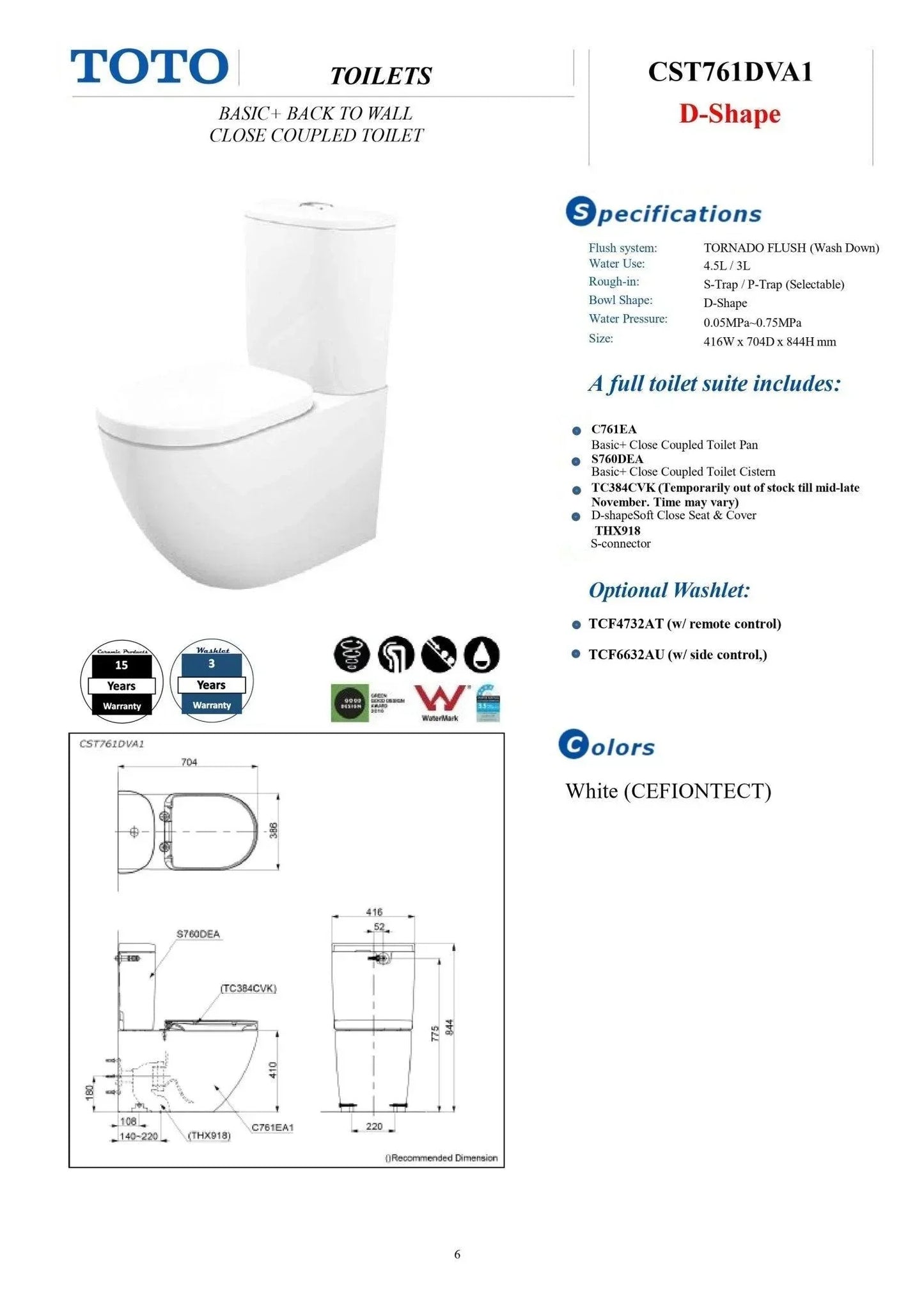 TOTO Basic Plus Back To Wall Rimless Toilet Suite — Ideal Bathroom Centre